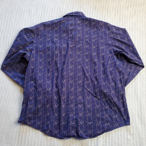 Vintage 90s Express Rider Blue Brown Pearl Snap Horseshoe Men's Western Shirt XL - Picture 2 of 8